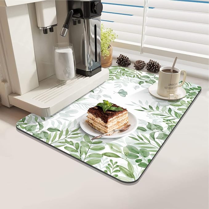 LOKHOM 12"x20" Dish Drying Mat， Green Plant Coffee Mat | Floral Butterfly Prints - Image 3