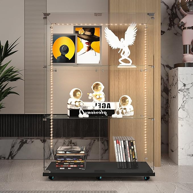 Yoluckea 3 Tiers Glass Display Cabinet with Bluetooth LED Light Strip, 2 Doors Floor Standing Curio Cabinet with Universal Wheel for Home, Black Glass Bookshelf for Collections, Clear Top