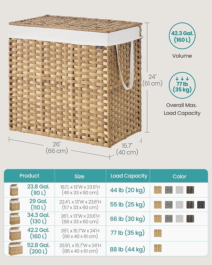 SONGMICS Laundry Hamper with Lid, 160L 3-Section Wicker Basket, 6 Mesh Bags - Image 6