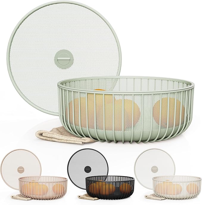 Metal Fruitbasket with Mesh Lid and Basket - Fruit and Vegetable Holder For Kitchen Counter - Countertop Display Baskets Organizer - Bowl Storage for Veggie, Fruits, Snack, and Banana - Green