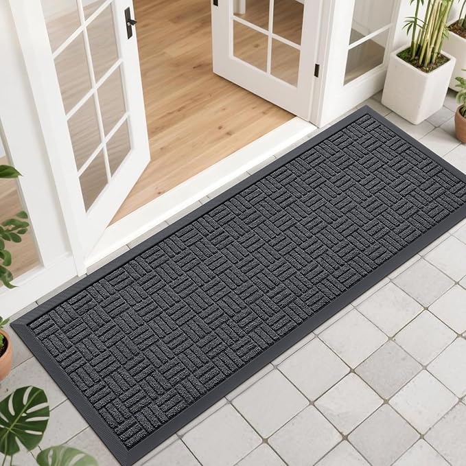 OLANLY Front Door Mat Outside Entrance 47x17, Absorbent, Heavy Duty Sturdy Natural Rubber Doormat Indoor Outdoor, Non-Slip, Stain and Fade Resistant, Low Profile Floor Mat for Entryway, Black Gray