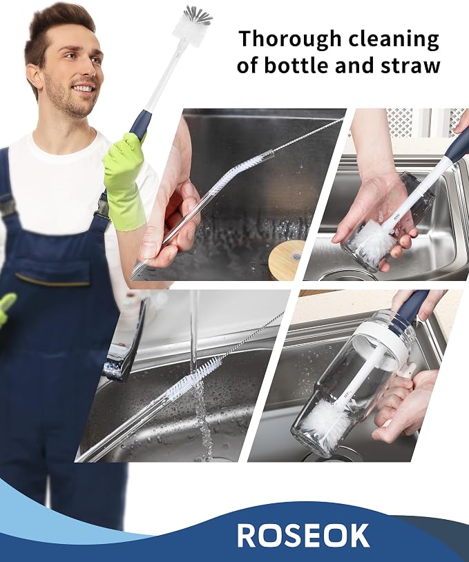 ROSEOK Bottle Brush with Straw Cleaner Brush, 2 in 1, Nylon Bristles | Water - Image 3