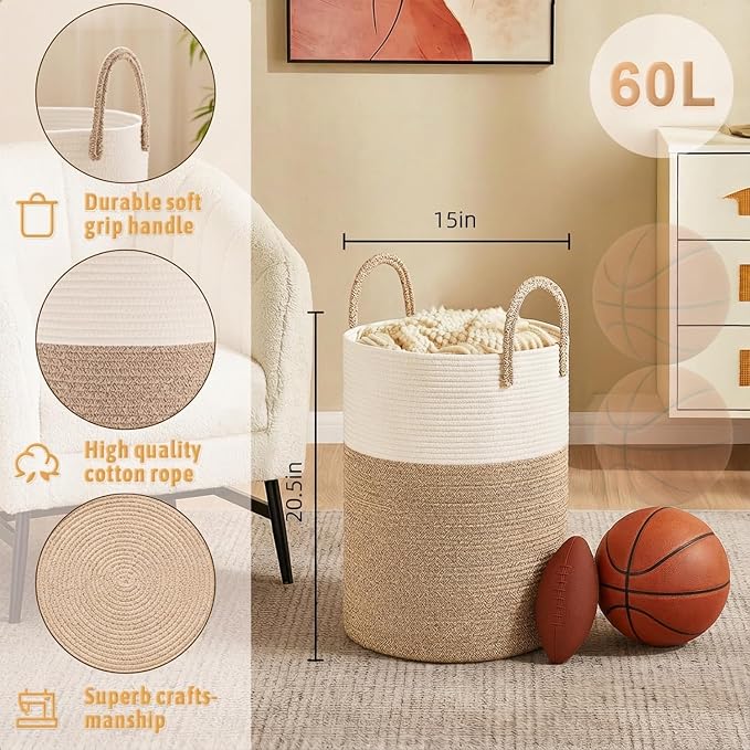Artfeel Laundry Basket, Woven Cotton Rope Laundry Hamper, 60L - Image 6