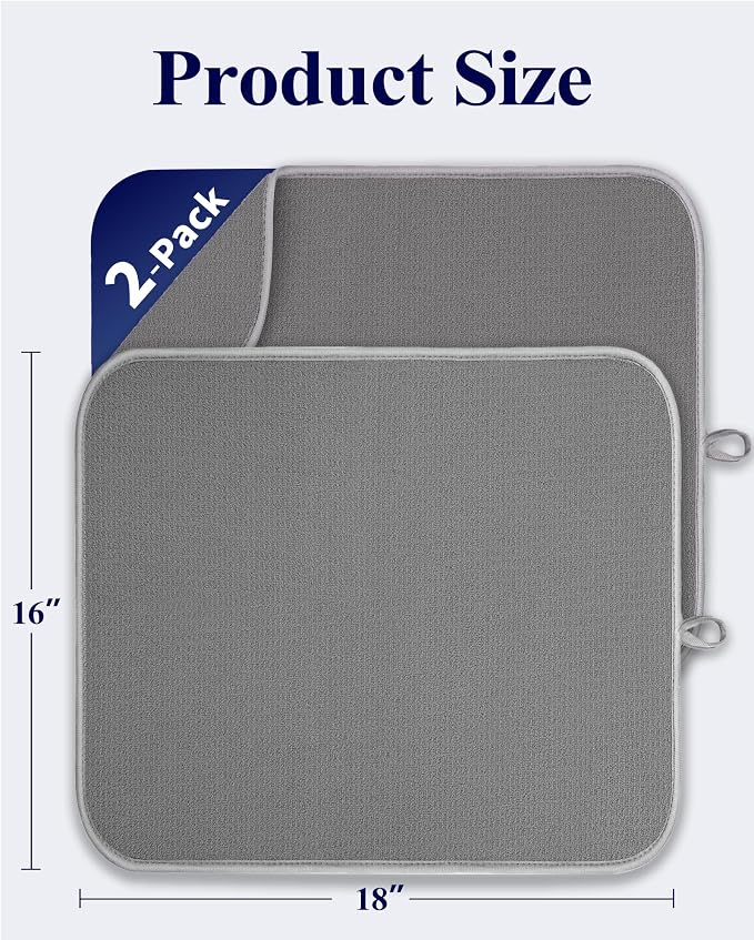 Kitsure 2 Pack Dish Drying Mat for Kitchen Counter, Dark Grey | Microfiber - Image 2