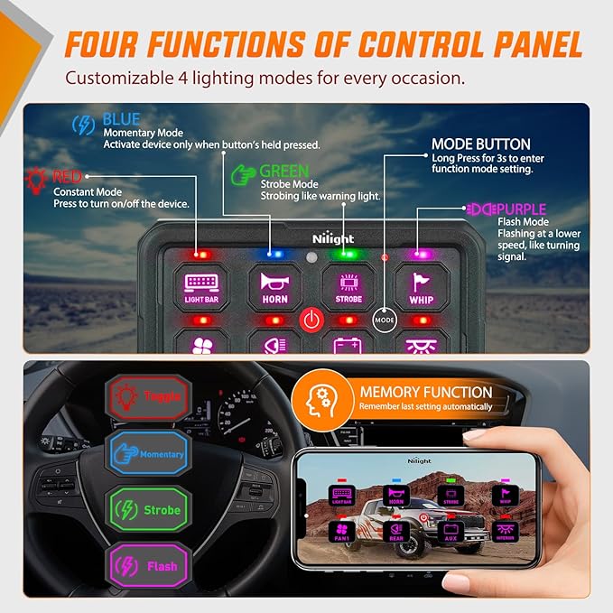 Nilight 8 Gang Switch Panel Circuit Control Relay System APP RGB Backlight Double Row Fuse Wiring Harness Toggle Momentary Strobe Flash Modes Automatic Dimmable 12V 24V for Car Truck Camper SUV
