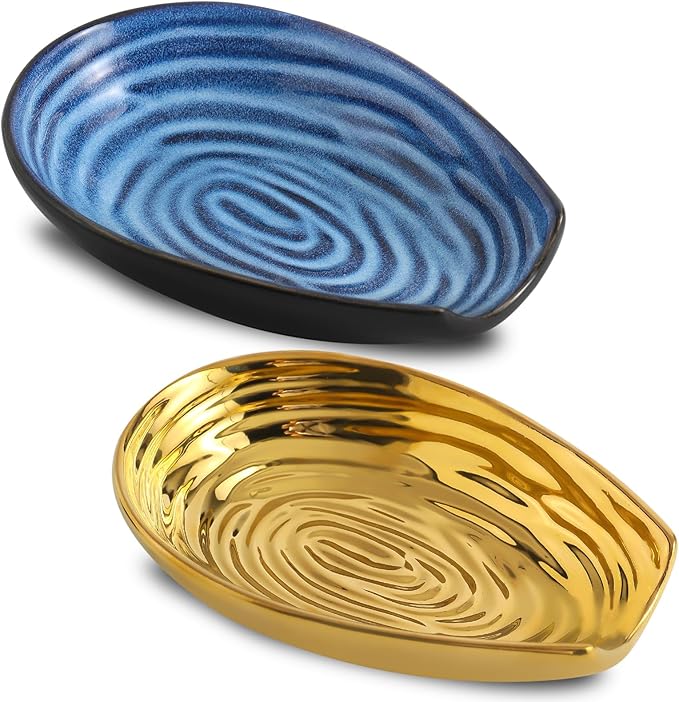 Hasense Spoon Rests Set of 2 for Stove Top, Large Ceramic Spoon Holder for Kitchen Counter, Cooking Utensil Rest for Spatulas, Spoons and Tongs, Kitchen Gadget Cooking Spatula Holder, Gold and Blue