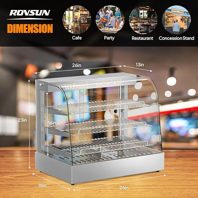 ROVSUN 26" Commercial Food Warmer Display Pizza Warmer, 3-Tier Electric Countertop Food Warmer w/LED Lighting Adjustable Removable Shelves Glass Door, Pretzel Warmer for Buffet Restaurant, Silver