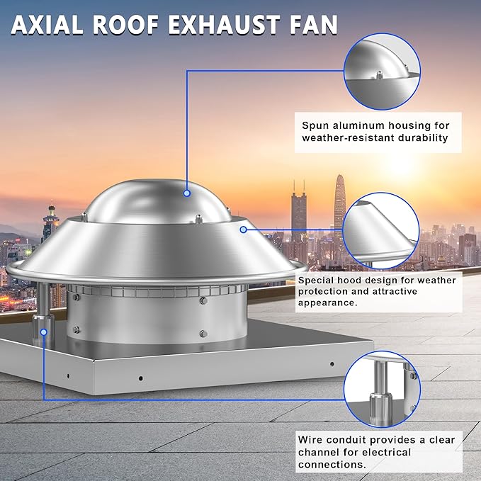 Direct Drive Axial Downblast Exhaust Fan Roof Exhaust Fan -19" Fan Base, 1/10 HP 115 Volt Single Phase Motor 830 CFM, ETL Listed