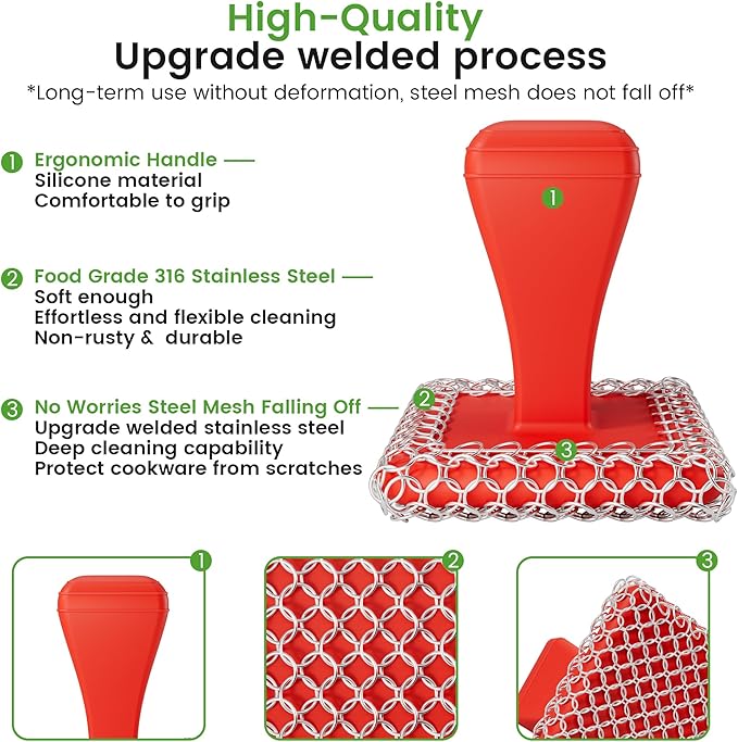 TOPULORS Cast Iron Scrubber Cleaner & 316L Stainless Steel Chainmail Scrubber with 2 Scrapers, Ergonomic Silicone Handle Brush for Pans Skillets Grills Dishes Cleaning - Non-Scratch Rust-Proof - Red