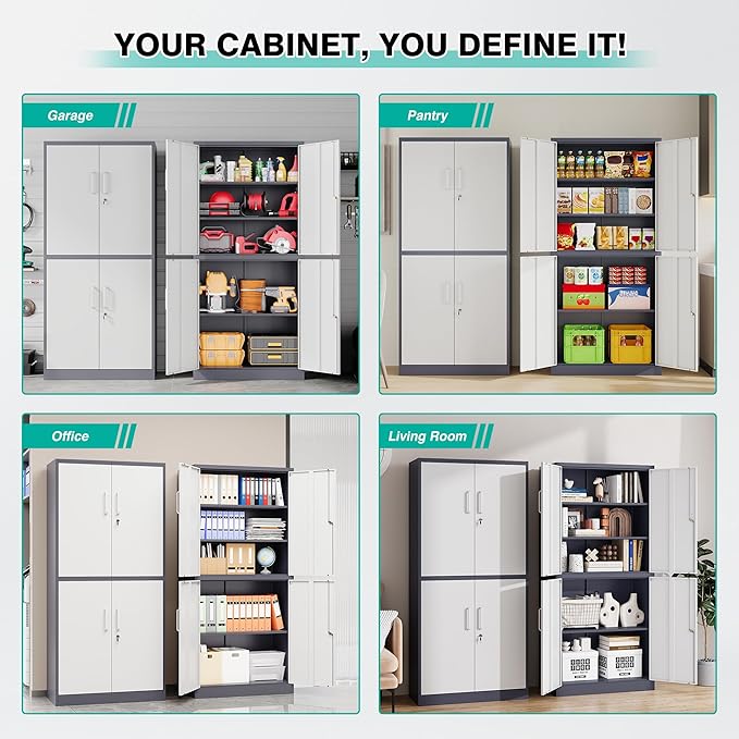 SISESOL Storage Cabinets With Doors And Shelves, 71'' Metal Garage Cabinet Locking, Adjustable Layers For Home Gym, bathroom, kitchen, office, Gray White