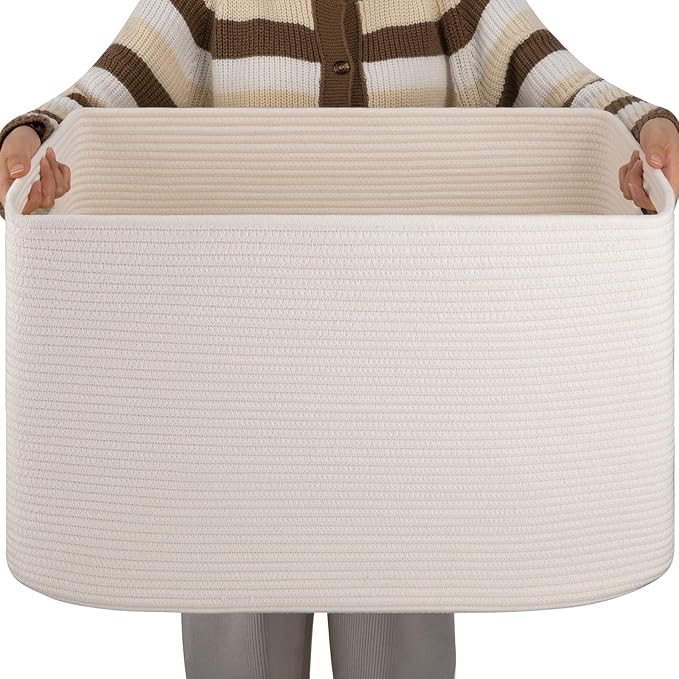 OIAHOMY 96L XXXLarge Blanket Basket Woven Cotton Rope Storage Basket White by MasterofSpaceOptimization