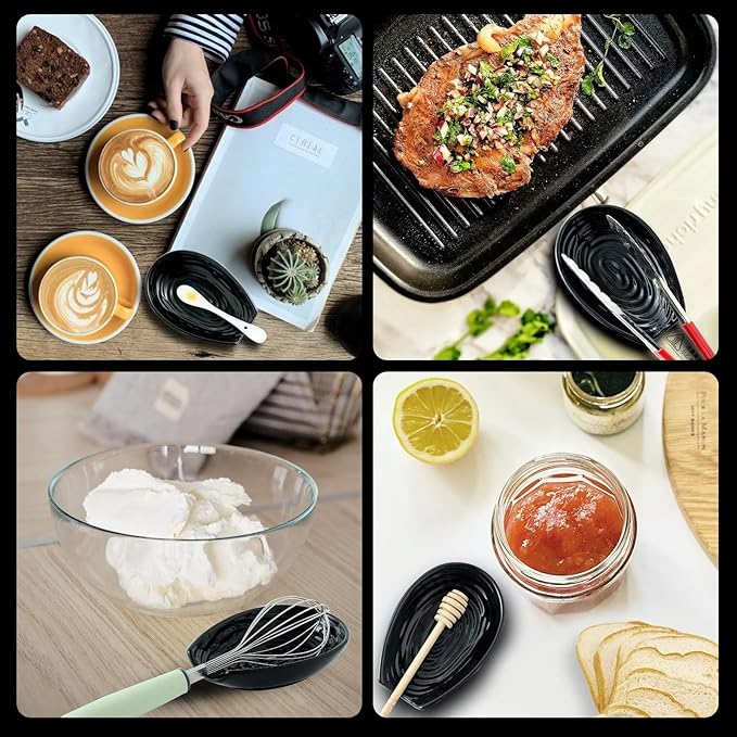 Hasense Spoon Rest for Stove Top, Spoon Holder for Kitchen Counter, Ceramic Cooking Spoon Holder for Ladle Spatula Tong and Spoon, Kitchen Utensil Rest for Home Coffee Bar Farmhouse Decor, Black