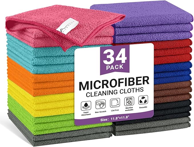 34 Pack Microfiber Cleaning Cloth, 11 Assorted Colors Cleaning Rags by Unknown