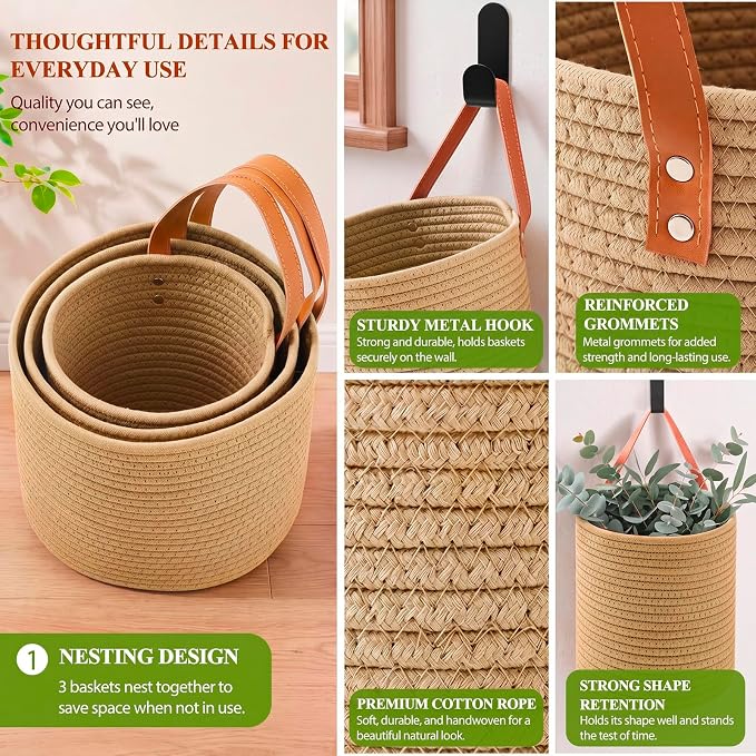 Honeydak 3 Hanging Baskets, Cotton Rope - Image 5