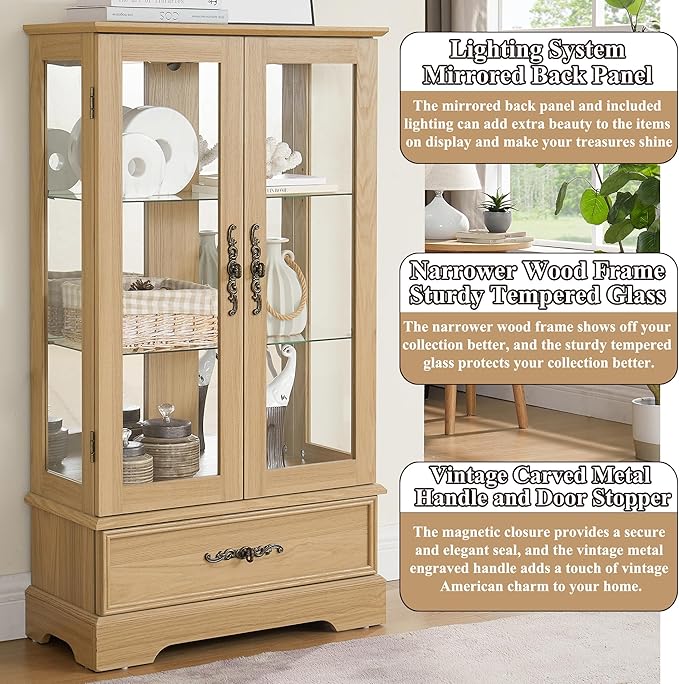 47" H Lighted Curio Cabinet Display Case, Glass Cabinets with Adjustable Shelves,Tempered Glass Door and Drawer, Wooden Curio Cabinet with Mirrored Back Pane for Living Room (Light Oak)