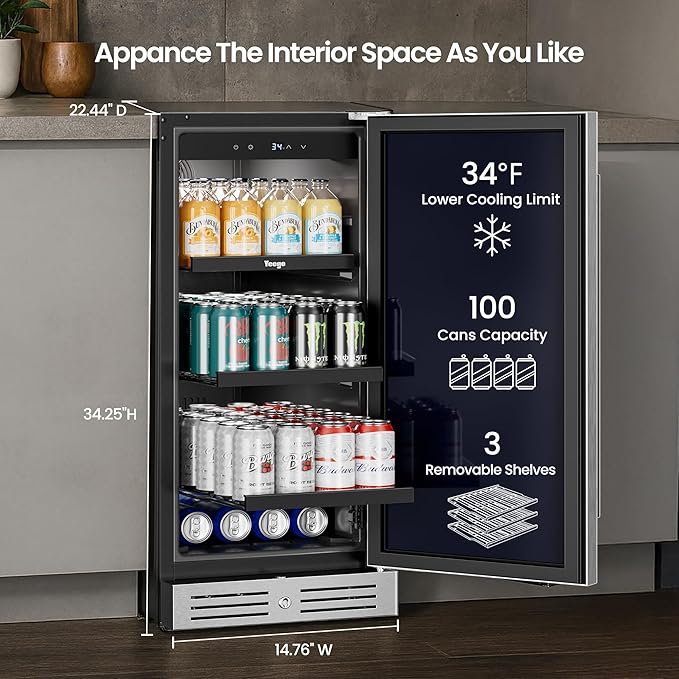 Yeego 15 Inch Beverage Refrigerator, 100-Can Beverage Cooler with Lock & Auto Defrost, Stainless Steel Indoor & Covered Outdoor Beverage Fridge, Freestanding or Under Counter for Beer, Soda & Wine
