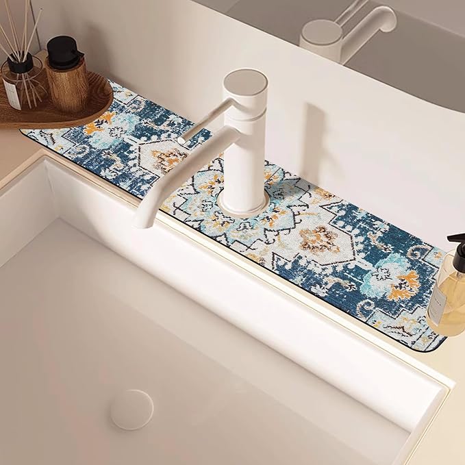 Oriental Blue Turkish Carpet Pattern Sink Faucet Absorbing Mat Sink Splash - Image 2