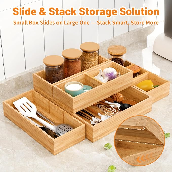 Bamboo Drawer Organizer, 10-Piece Stackable Trays - Image 4