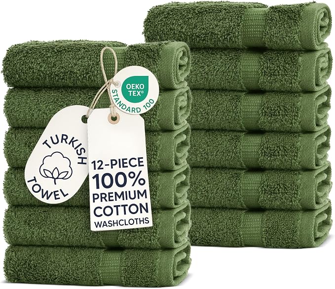 Chakir Turkish Linens 100% Cotton 12-Pack Washcloths 13x13, Moss | Premium by ChakirTurkishLinens