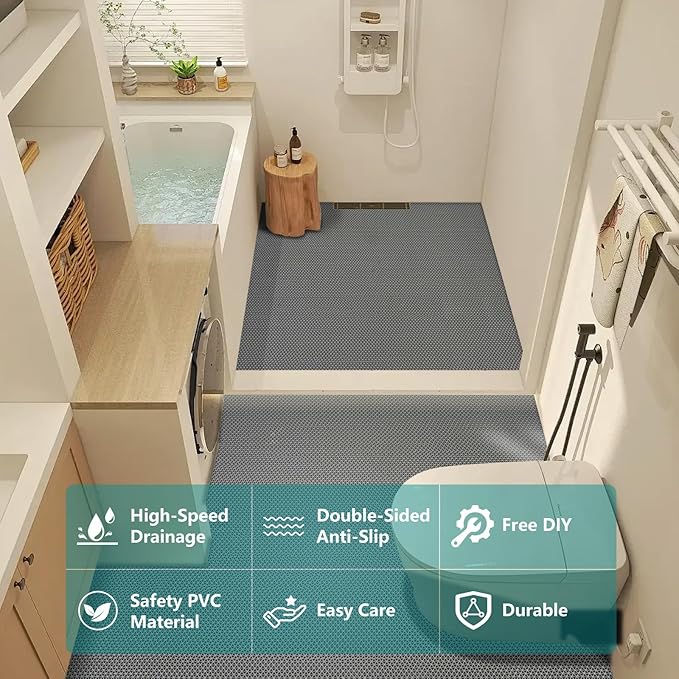 WochiTV Non Slip Drainage Mats PVC Pool Floor Mat 0.23'' Thick Outdoor Indoor Parking Space Mat for Bathroom Garage Basement Backyard Commercial Kitchen 3x3.3Ft, Grey