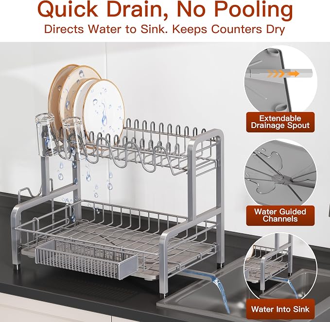 BOOSINY 2 Tier Large Stainless Steel Dish Drying Rack - Image 2