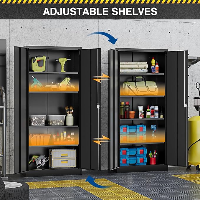 Metal Storage Cabinet-72” Black Tall Steel File Cabinets with Lockable Doors and Adjustable Shelves-Black Steel Storage Cabinet for Kitchen, Office, Garage