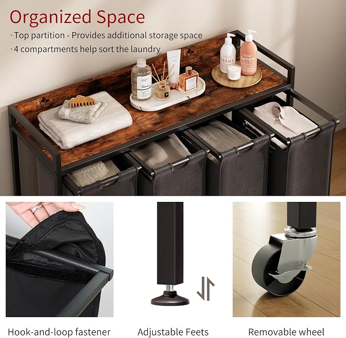 Herture Laundry Hamper with Shelf, Laundry Basket 4 Section, Laundry Sorter - Image 3