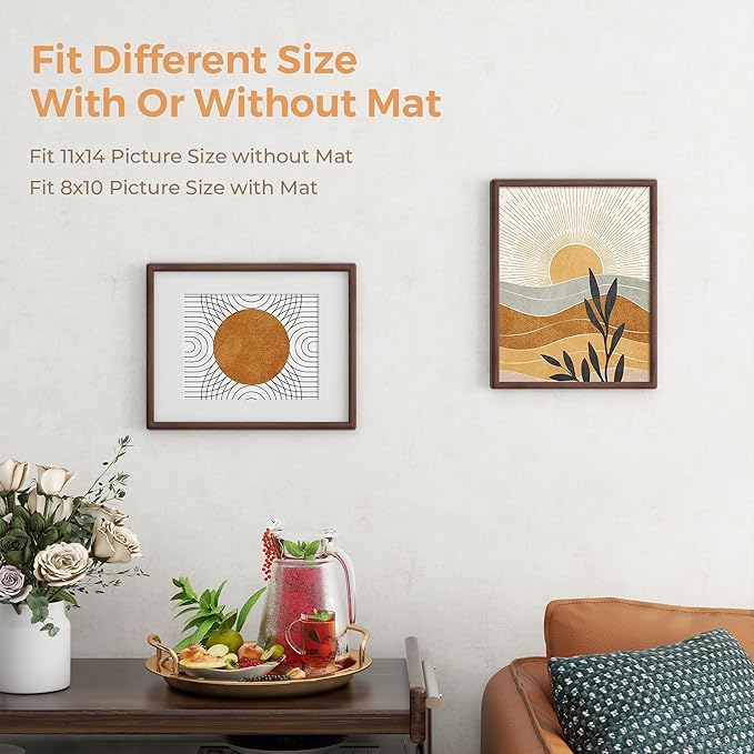 Axeman 11 x 14 Walnut Frame - Rounded Corner 11x14 Picture Frame Matted to 8x10 - Natural Walnut Wood 14x11 Photo Frame with Tempered Glass for Wall Mount Display