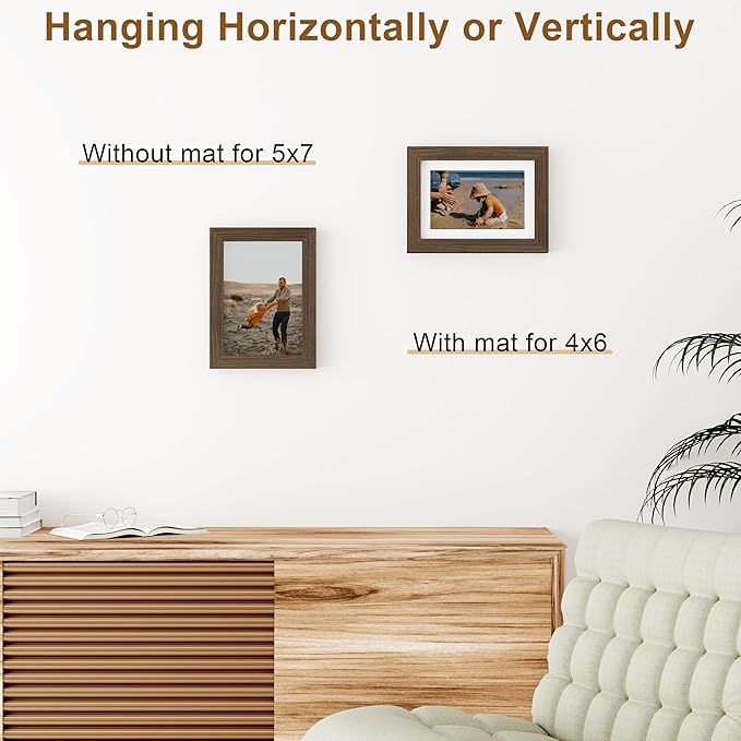 Vittanly 5x7 Picture Frame, Solid Wood Frame with Plexiglass, Includes 4x6 Mat, Wall Hanging or Tabletop for Home Decor, Brown, 1 Pack
