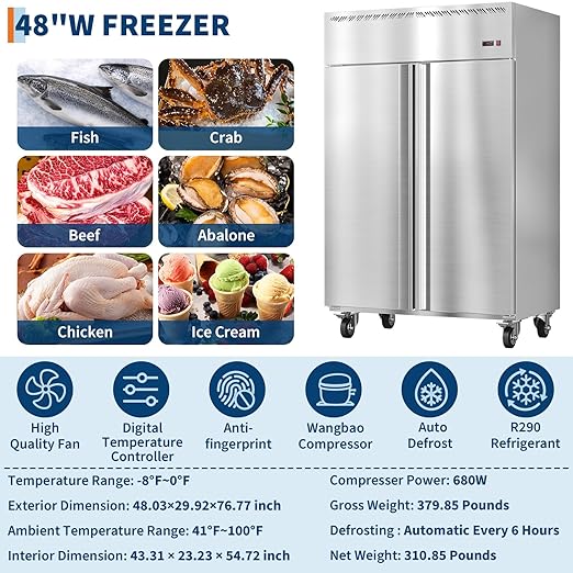 PeakPursuit 48" W Commercial Freezer -8°F~0°F,Reach-in 36 Cu.ft 2 Door Stainless Steel Commercial Refrigerator Fan Cooling,6 Adjustable Shelves, Auto Defrost,for Restaurant,Bar,Kitchen,Shop