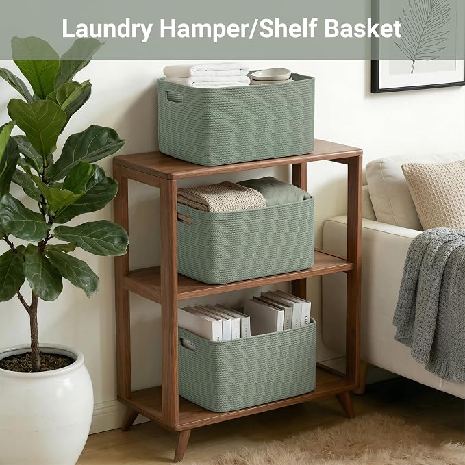 75L Green Cotton Rope Storage Basket, Large Rectangle Laundry Hamper - Image 3