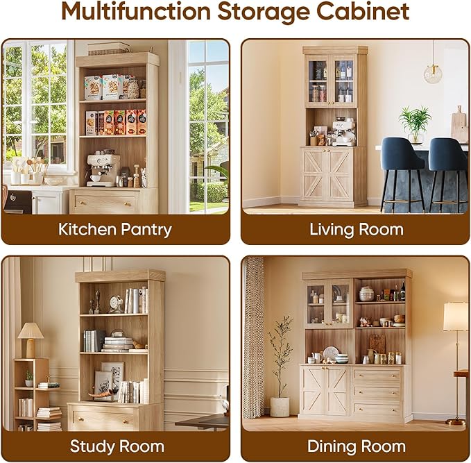 71" Tall Farmhouse Kitchen Pantry, Large Storage Cabinet with Glass Doors, Freestanding Coffee Bar Hutch with Microwave Stand, Adjustable Shelves for Kitchen, Living Room, Brown 3 Pcs