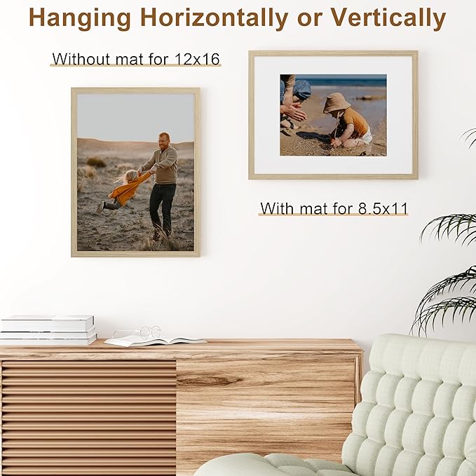 Vittanly 12x16 Picture Frame, Solid Wood Frame with Plexiglass, Includes 8.5x11 Mat, Wall Hanging for Photos, Home Decor, Light OAK, 1 Pack