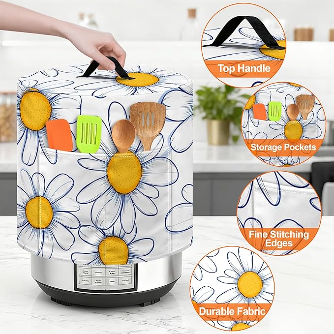 Kitchen Appliance Accessories Dust Cover for 3-6-8 Quart Instant Pot, Pressure Cooker, Air Fryer & Crock Pot,Decorative Appliance Cloth Cover with Top Handle & Storage Pockets (Daisy, 3 Quart)