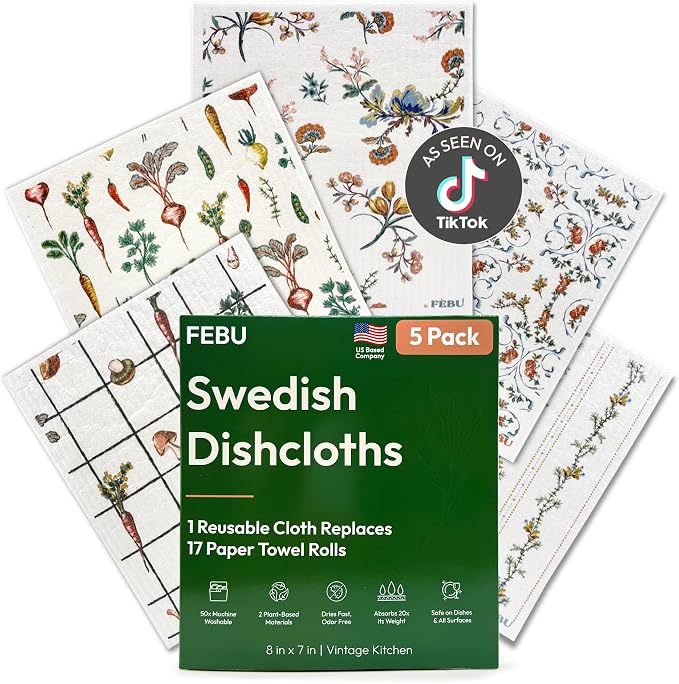 FEBU Swedish Dishcloths for Kitchen, 5 Pack, Vintage Kitchen by FEBU
