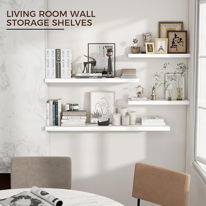Floating Shelves for Wall 36"W x 7.8"D x 1.5"H, Engineered Wood Wall Shelves with Invisible Brackets for Living Room Bedroom Bathroom Office Kitchen Decor and Storage, White Finish, Set of 2