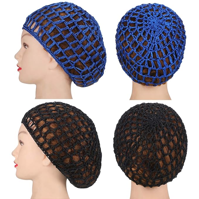 4 Pieces Mesh Crochet Hair Net Rayon Knit Snood Hat Thick Short Women Hairnet Snoods Cover Ornament for Sleeping (Black, Blue, Gray, Khaki)