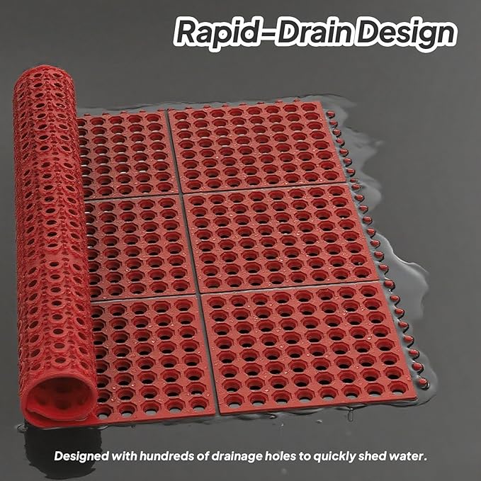 ROVSUN Rubber Floor Mat with Holes, Anti-Fatigue/Non-Slip Drainage Mat, for Industrial Kitchen Restaurant Bar Bathroom Utility Garage Pool Entry Door Mat, Indoor (36''x 36'' Red 1Pcs)