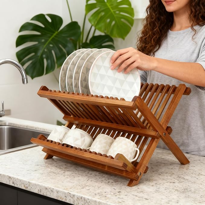 Utoplike Teak Wood Dish Drying Rack, Foldable Plate Organizer Countertop | - Image 7