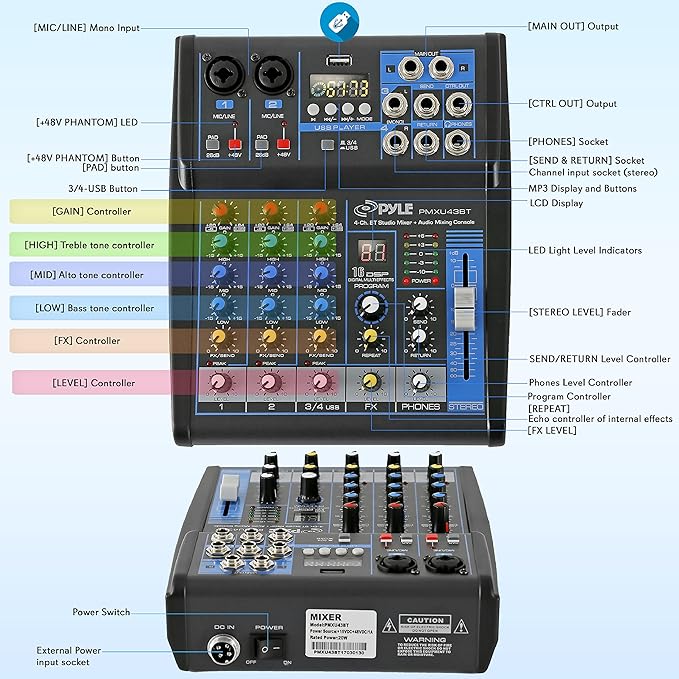 Pyle Professional 4 Channel Audio Mixer with Bluetooth - DJ Sound Board - USB Computer Input - Built-in MP3 Player - 48V Phantom Power - 3 Band EQ - 16-Bit DSP FX - Band, Studio Ready - PMXU43BT