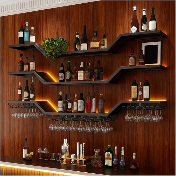 70.8in Modern LED Wine Rack Wall Mounted, 3-Tier Floating Bar Shelves with Wine Glass Rack, Large Hanging Liquor Shelf Wall Mounted, for Home Bar Dining Room Cafe Decorative (Black, 70.8in/180cm)