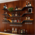 70.8in Modern LED Wine Rack Wall Mounted, 3-Tier Floating Bar Shelves with Wine Glass Rack, Large Hanging Liquor Shelf Wall Mounted, for Home Bar Dining Room Cafe Decorative (Black, 70.8in/180cm)