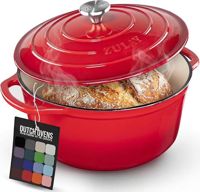 Zulay Kitchen 6 Quart Enameled Cast Iron Dutch Oven Pot with Lid – Premium Durability & Oven Safe up to 500°F – Heavy Duty Cookware Perfect for Bread Baking, Stews, Braising & Roasting – Red