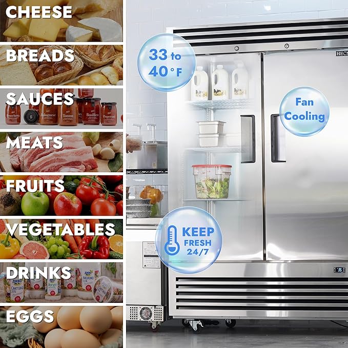 HECMAC 54" Commercial Refrigerator, 49 Cu.ft Reach-In Upright Fridge with 2 Solid Door, 33~40℉, 18-8 Stainless Steel Interior, 6 Shelves, ETL&NSF/ANSI 7 for Restaurant, Bar, Shop, Kitchen Use