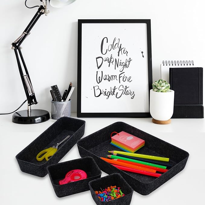 Minimalist Felt Desk Drawer Organizer 8-Piece Charcoal Storage Bins - Image 3