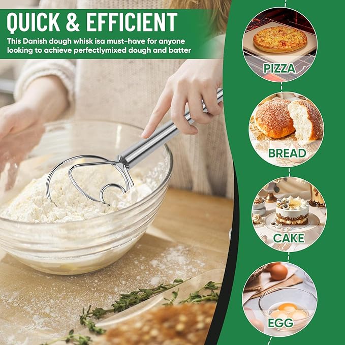 Danish Dough Whisk Stainless Steel Hook Dutch Bread Mixer Hand Tool for Sourdough Baking Making Blending Pastry Pizza