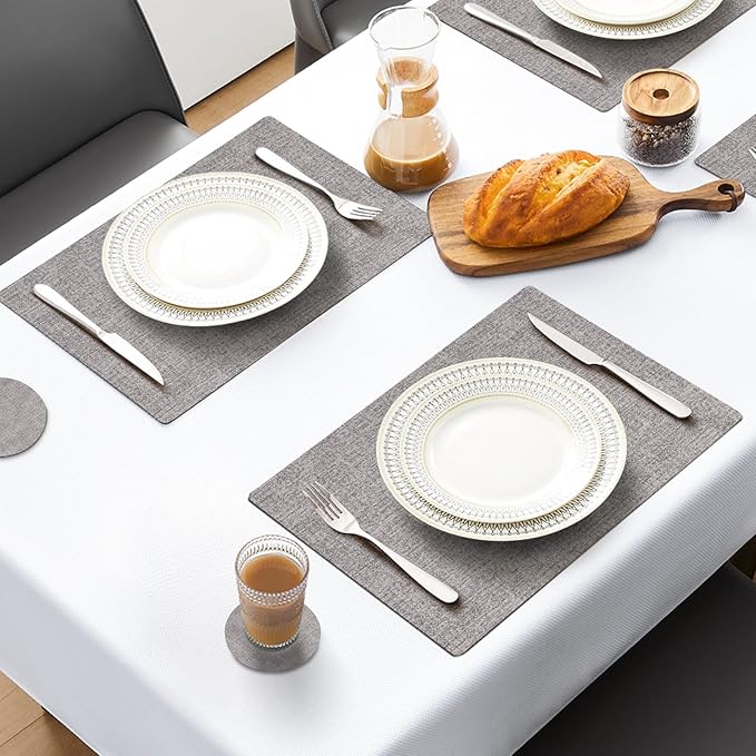 MOSAYT Faux Leather Placemats Set of 12-12 x 18 Inch - Heat Resistant Vinyl Place Mats with Coasters, Wipeable Washable Waterproof Oil Proof Table Mats for Kitchen Dining Indoor Outdoor, Light Grey