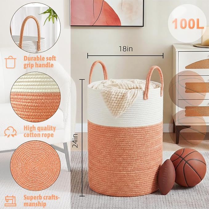 Laundry Basket, Woven Cotton Rope Laundry Hamper, 100L - Image 2