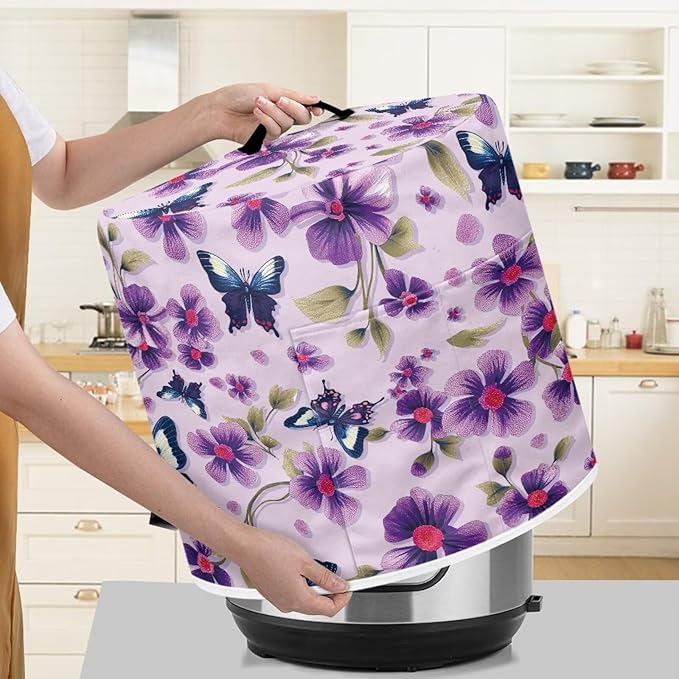 Purple Butterfly Flower Dust Cover for Kitchen Instant Pot Accessories Appliance Cover Quart Pressure Cooker Air Fryer Rice Cooker Kitchen Appliance Dust Covers with Storage Pockets Size M
