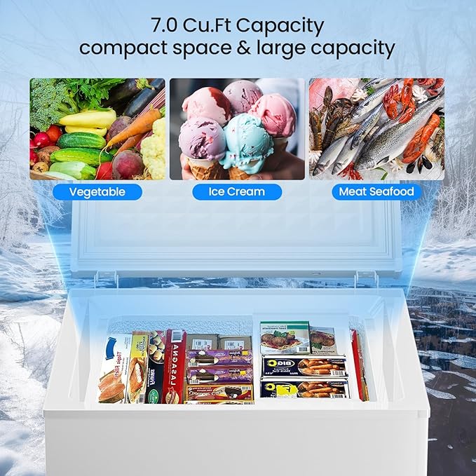 Kismile 3.5 Cubic Feet Chest Freezer with 2 Removable Baskets Free Standing Top Open Door Small Deep Freezer with Adjustable Temperature for Home/Kitchen/Office/Bar (3.5 Cubic Feet, White)